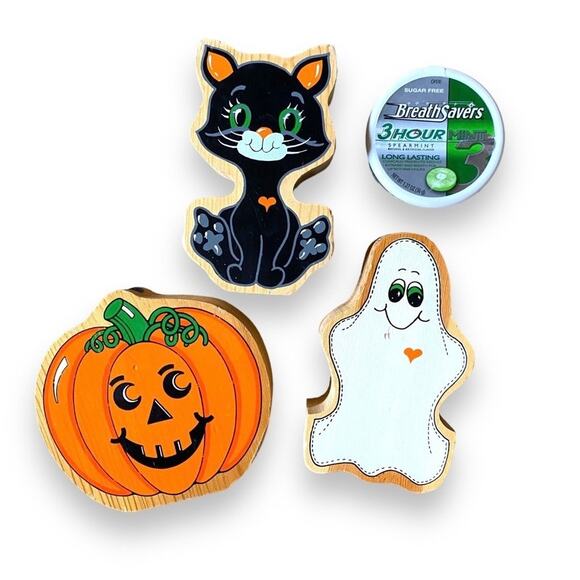 VNTG Halloween Decor Wood Block Figurines 3
Pc Black Cat Ghost Jack O Lantern - Picture 2 of 8